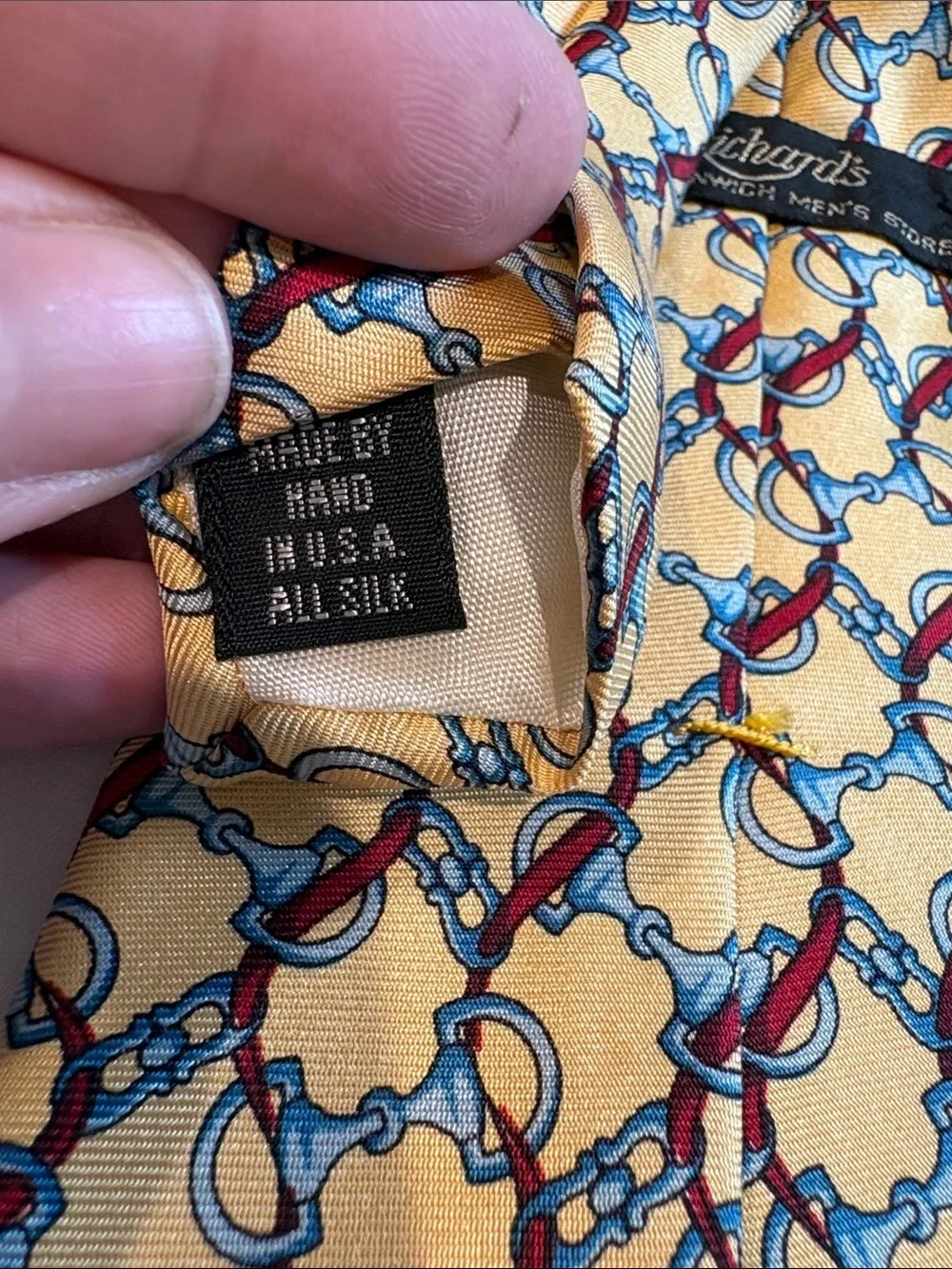 Richards - Silk Patterned Tie in Yellow with Red & Blue Accents, Necktie. Silk